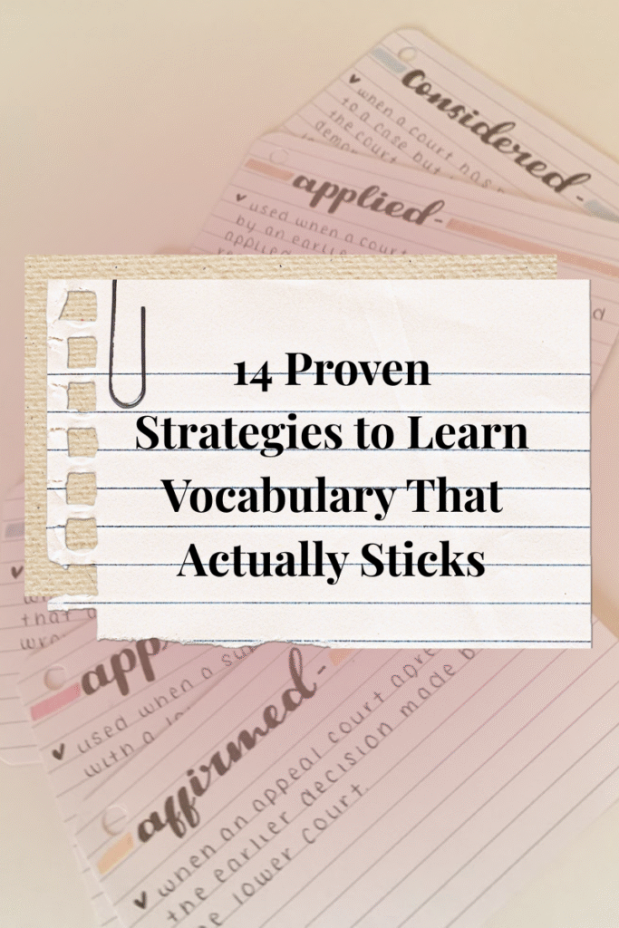 Torn paper with the handwritten blog title ‘Tips to Learn Vocabulary That Really Sticks,’ representing language learning and memory retention.