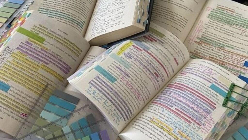 An open book filled with colorful highlights and notes used for literary translation analysis.
