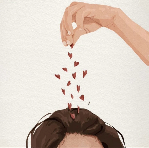A hand dropping small red hearts into a person's head, illustrating how to overcome imposter syndrome as a translator through self-kindness. (