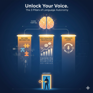 Infographic showing the 3 pillars of language autonomy: pattern recognition, high-frequency prioritization, and feedback loops, leading to a doorway of fluency.