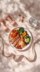Flat lay of a healthy meal plate with chicken and vegetables next to pink dumbbells and a measuring tape, representing fitness and nutrition localization.