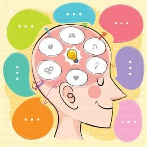 Colorful mind map illustration inside a person's head, showing a central lightbulb idea branching out into different colored bubbles for organized learning and brainstorming.