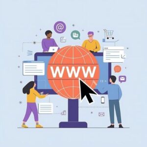 Flat vector illustration of a team collaborating on a central WWW globe on a monitor, showing a global roadmap for the website localization process.